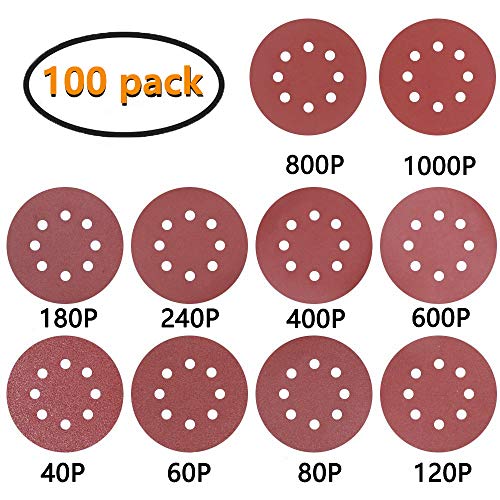 MoonSpect 100Pcs 125mm 5' Orbital Detail Sander Sandpaper Sanding Paper Hook and Loop Assorted 40/ 60/ 80/ 120/ 180/ 240/ 400/ 600/ 800/ 1000 Grits (Orbital+8 Holes)