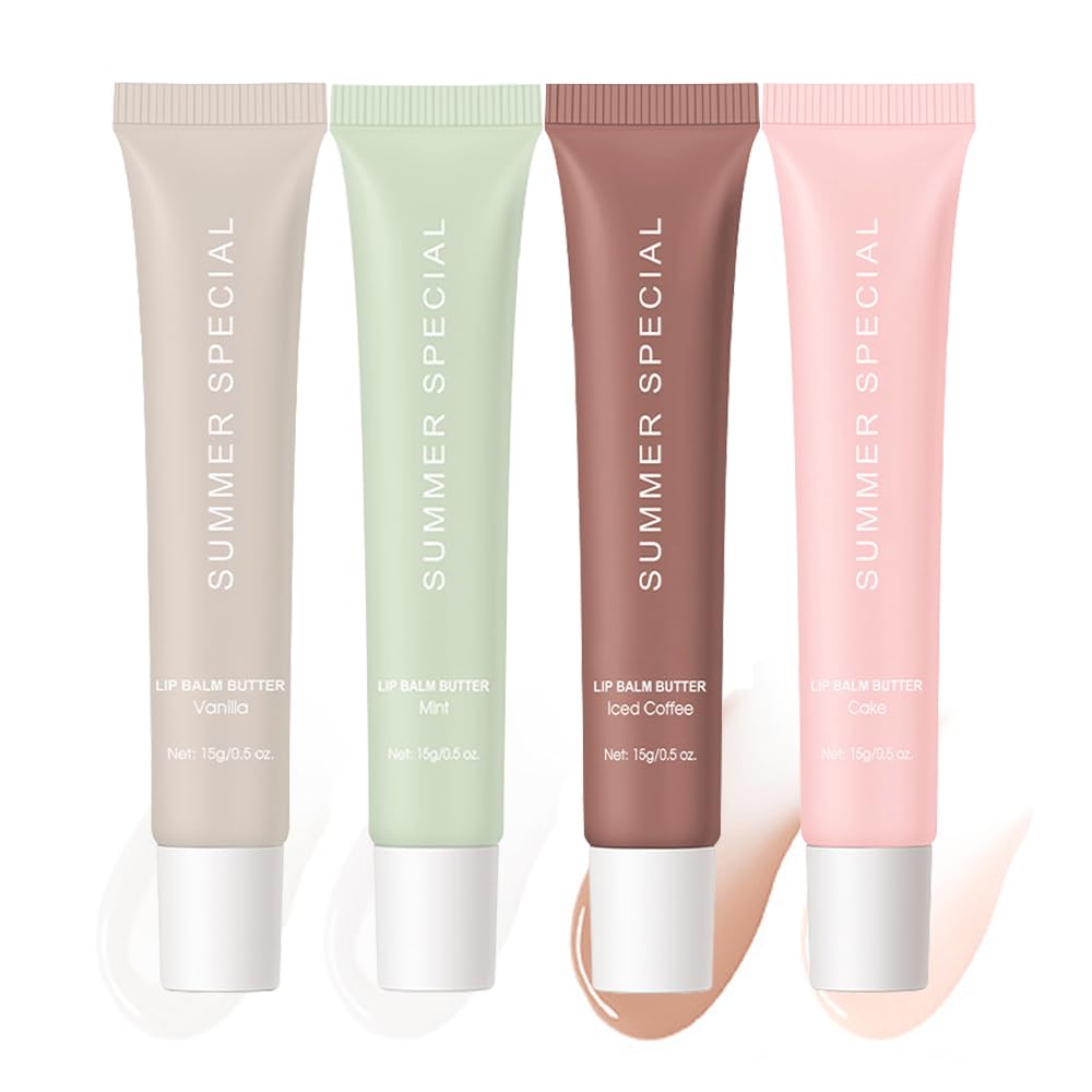 4Pcs Summer Lip Glossy Butter Balm Set, Instant Moisture Sheer Tint, Non-Sticky, Conditioning Formula to Soothe & Repair Dry, Chapped Lips, Jelly Lip Stain with Natural Scent (#1+2+3+4, 4Pcs)