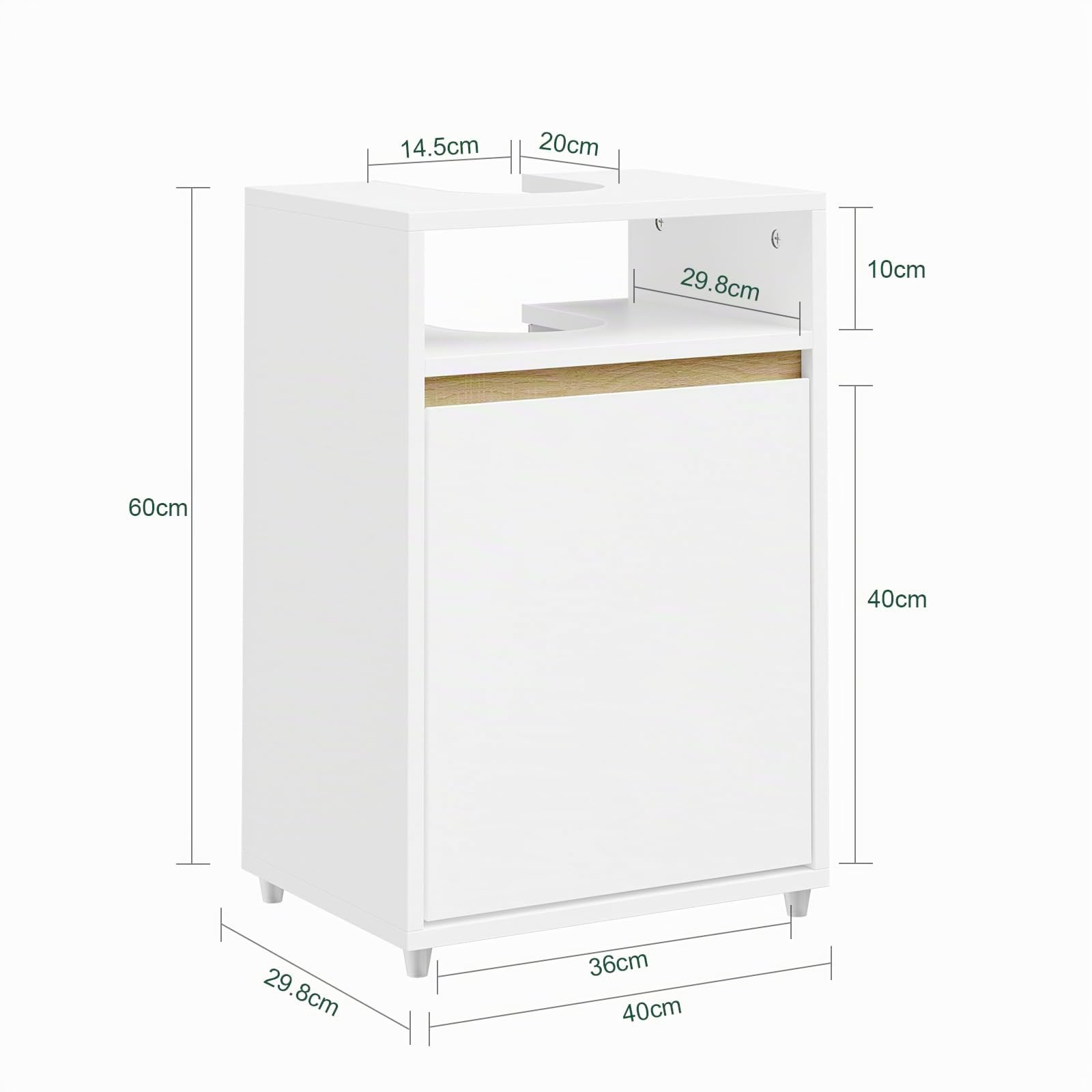 SoBuy Mobile Sottolavabo Stretto con Apertura a U 40x60x30cm per Bagno | Armadietto Salvaspazio, Mobile Bagno di Servizio per Piccoli Spazi, Finitura Opaca Bianco e Legno BZR222-W