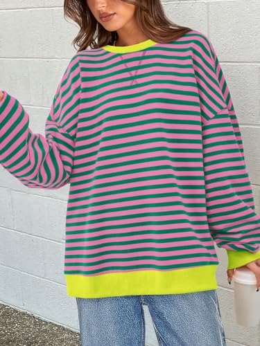 Image of PRETTYGARDEN Womens Striped Oversized Sweatshirt Color Block Crew Neck Long Sleeve Casual Loose Pullover Top Y2K Clothes