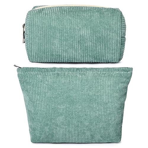 SOIDRAM 2 Pieces Makeup Bag Large Corduroy Cosmetic Bag Capacity Canvas Mix Travel Toiletry Bag Organizer Cute Makeup Brushes Aesthetic Accessories Storage Bag for Women, Corduroy Mix Green