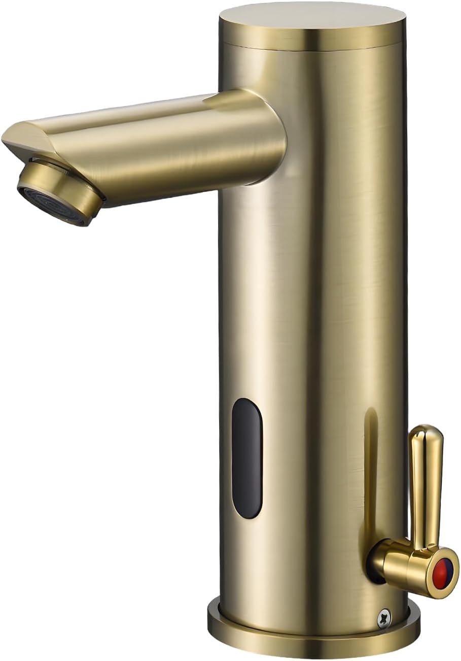 Automatic Touchless Bathroom Sink Faucet - Sensor Motion Activated No-Touch Brass Faucet with Adjustable Temperature Control Handle for Home Vanity, Commercial, and Office Use (Short, Gold) Gold Short