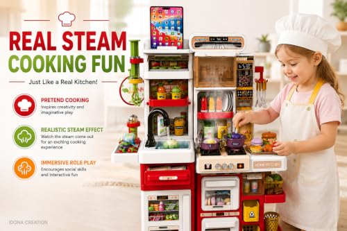 Image of Dream Kitchen Playset for Kids, 65 Piece Pretend Kitchen Set with Cycling Water Sink, Steam Effect, Lights & Sounds, Toy Stove, Oven, Utensils, Food Accessories, 64 cm