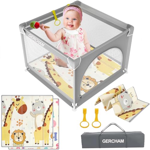 GERCHAM Laufstall Baby mit Matratze,90x90cm Laufgitter, Laufstall Baby Faltbar mit Matte Schaum,Atmungsaktivem Netz und Reißverschlusstür, Kleines,Playpen,Rutschfeste Basis