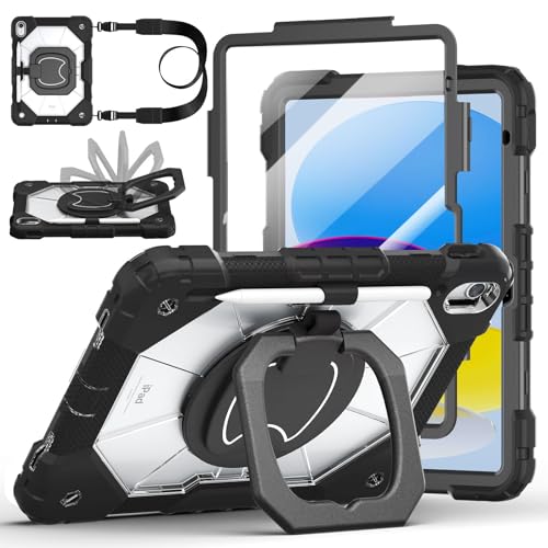 Image of Case for iPad (A16) 11th Generation 11 Inch 2025, Ubearkk for iPad 10th Generation 10.9 inch 2022 case with Screen Protector 360 Degree Rotating Stand Shoulder Strap Pencil Holder, Black Clear