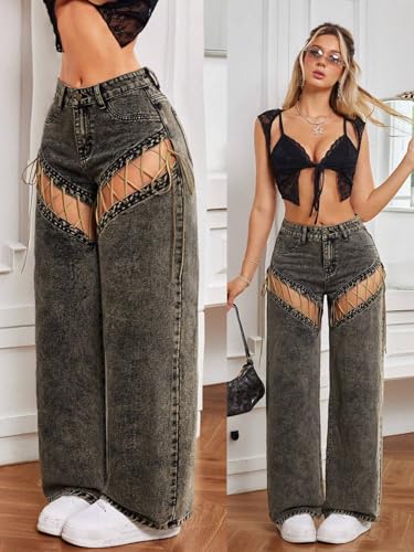 jeans for women trendy Hollow Out Solid Color Wide Leg Jeans With Pockets, Casual2