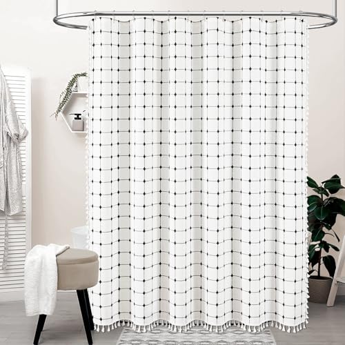 Image of BTTN Extra Long Shower Curtain - 72x96 Inch Long Boho Chic Linen Fabric Heavy Duty Shower Curtain Set with Hooks, Bohemian Farmhouse Shabby Chic Tassel Shower Curtains for Bathroom - White and Black