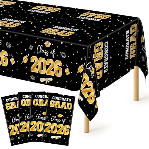 Image of QZYL 4 Pack Graduation Decorations, 54 inch x 108 inch Black and Gold Rectangle Graduation Table Cloths, Plastic Tablecover for College Congrats Grad, Disposable Grad Party Decorations for Class of 2026