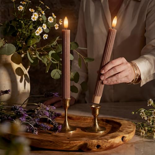 Image of 10 inch Fluted Ribbed LED Brown Tan Grooved Pillar Candles with 2 Remotes & 24h Timer Memory, On /Off Switch - Flameless Dimmable Battery Operated w /Flicker Mode, Home Wedding Decor (12 Pack)