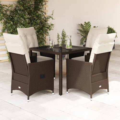 YunCangg Juego de comedor de jardín de 5 piezas de ratán sintético marrón con cojines, mesa y sillas, resistente a la intemperie, para terraza, balcón, porche, ahorro de espacio y fácil de limpiar