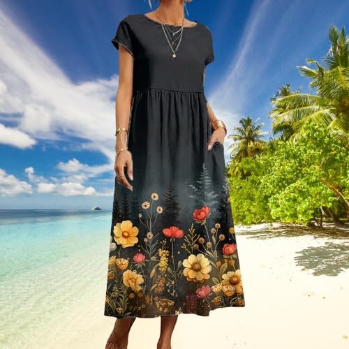 Cotton T Shirt Dresses for Women Cap Sleeve Crewneck Empire Waist Flowy Swing Summer Casual Long Maxi Smocked Dress - Image 2