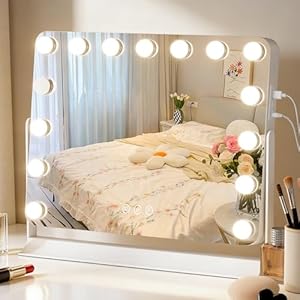 Tuocal Hollywood Schminkspiegel mit Beleuchtung, 60×53cm Kosmetikspiegel mit dimmbar 15 LED Licht, 3 Farbmodi, Smart Touch Steuerung Spiegel, 360° Drehbarer Tischspiegel für Schminktisch Schlafzimmer