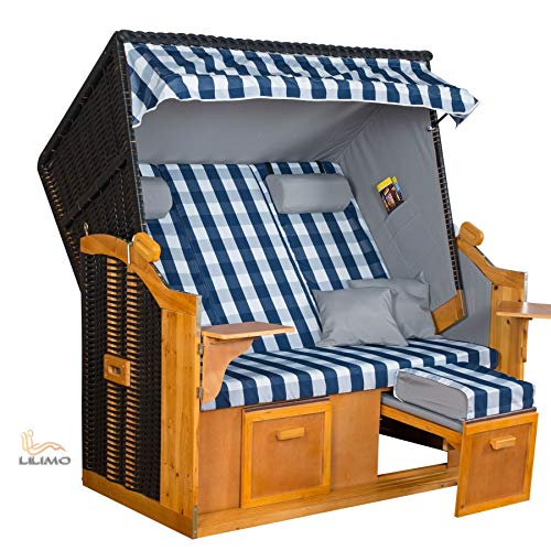 LILIMO Corbeille de plage type Baltique BLB XXL, Anthracite, tissu bleu et blanc