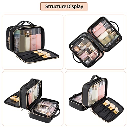 Ocheal Makeup Bag, Double Layer Cosmetic Bag, Large Capacity New Look Clear Cosmetic Case For Women Travel Beauty Essentials, Multiple Compartments Makeup Case Organizer Zipper Pouch -Black #TOP1