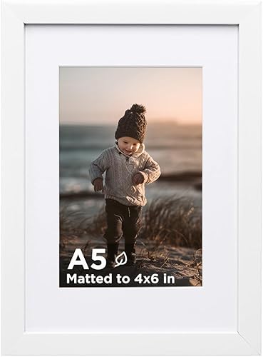 KINLINK Marco A5 blanco, marco de fotos de madera con plexiglás para imagen de 4 x 6 con paspartú o A5 sin paspartú, pared y mesa, diploma