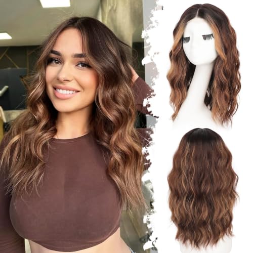 Image of Eawwii Wigs for Women Brown Highlight,Short Wavy Synthetic Lace Wig