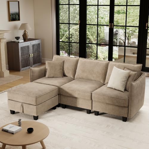 Image of Ihanherry 85.8 inch Modular Sectional L-Shaped Sofa, Modern 4-Seat Cloud Couch with Storage Ottoman, Soft Chenille Fabric Sectional Set for Living Room Bedroom Apartment, Brown