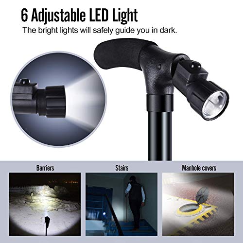 Travel Adjustable Folding Canes and Walking Sticks for Men and Women with Led Light and Cushion Handle for Arthritis Seniors Disabled and Elderly Best Mobility Aids Cane, Extra-Wide Pivoting Head