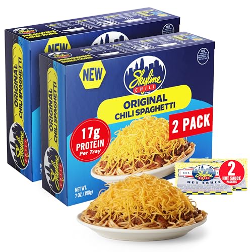 Skyline Heat and Eat Beef Chili Spaghetti Bundle - 2-Pack 7 oz Beef Chili with 2 packets Skyline Chili Hot Sauce, Authentic Cincinnati Chili & Spicy Sauce for Spaghetti, Coney Dogs & More