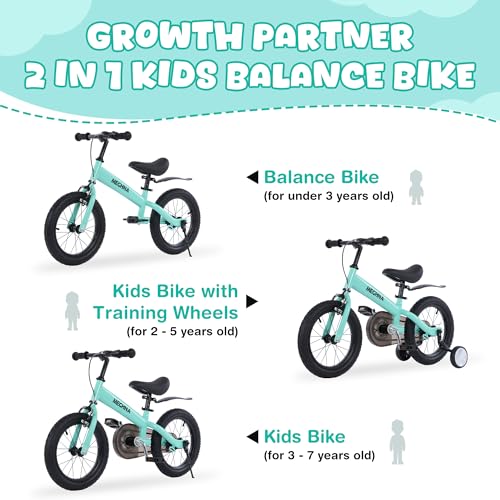 Image of MEGHNA 2 in 1 Toddler Balance Bike 14 inch Wheel Kids Bike Aged 3-7 Years Old with Footrest Detachable Training Wheels Caliper and Coaster Brake Strider Bike for Boys Girls, Easy to Assembly