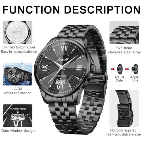 Image of Letoff Men's Analog Watch,Tool-Free Adjustable Clasp, Water Resistant 100ft, Roman Numeral Dial, Stainless Steel Case & Strap, Perfect for Business & Casual Wear