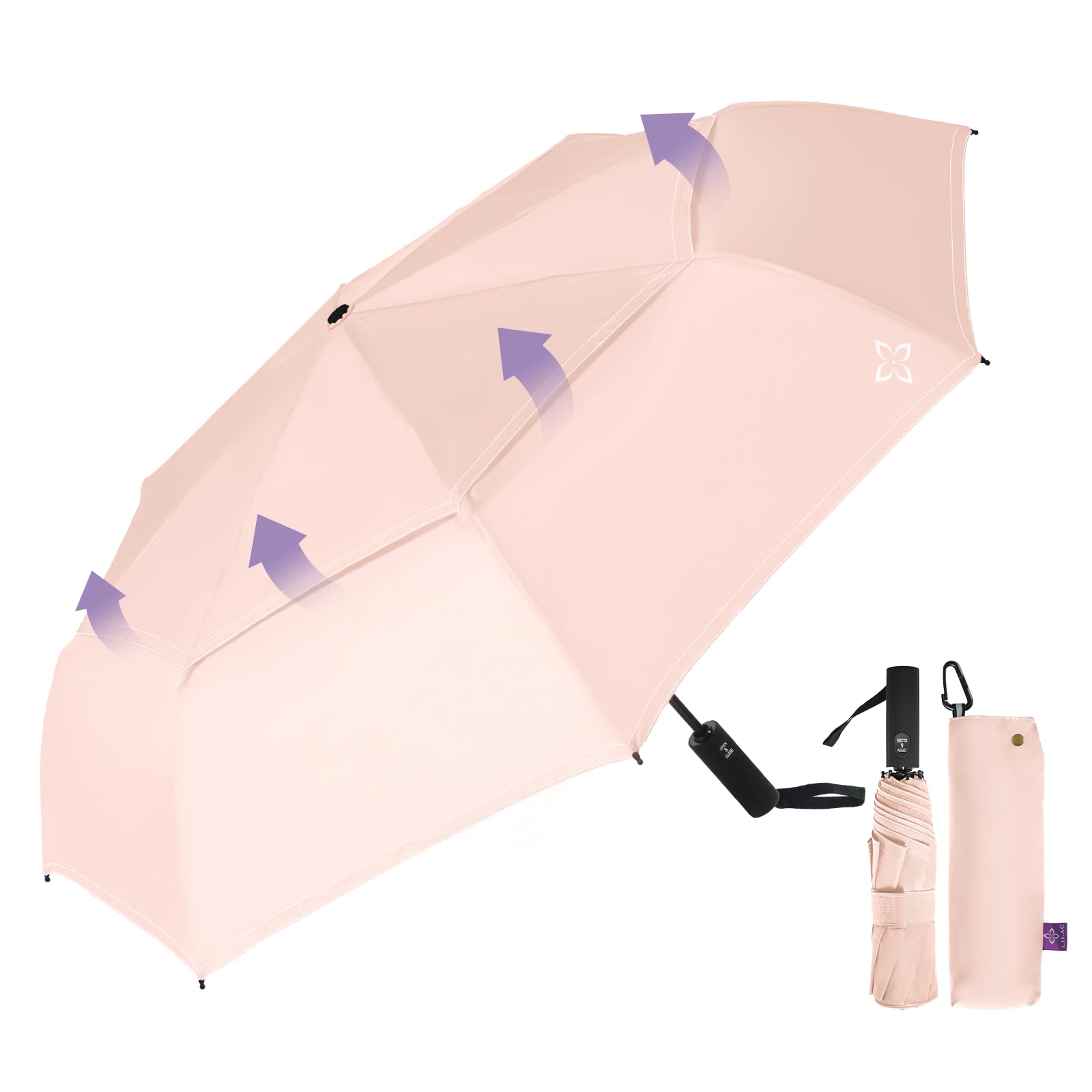 LILAC Compact Travel Windproof Umbrella, Vented 43" Auto open/close Folding Quick Dry Umbrellas for Rain, Portable Small for Backpack Car, Thoughtful