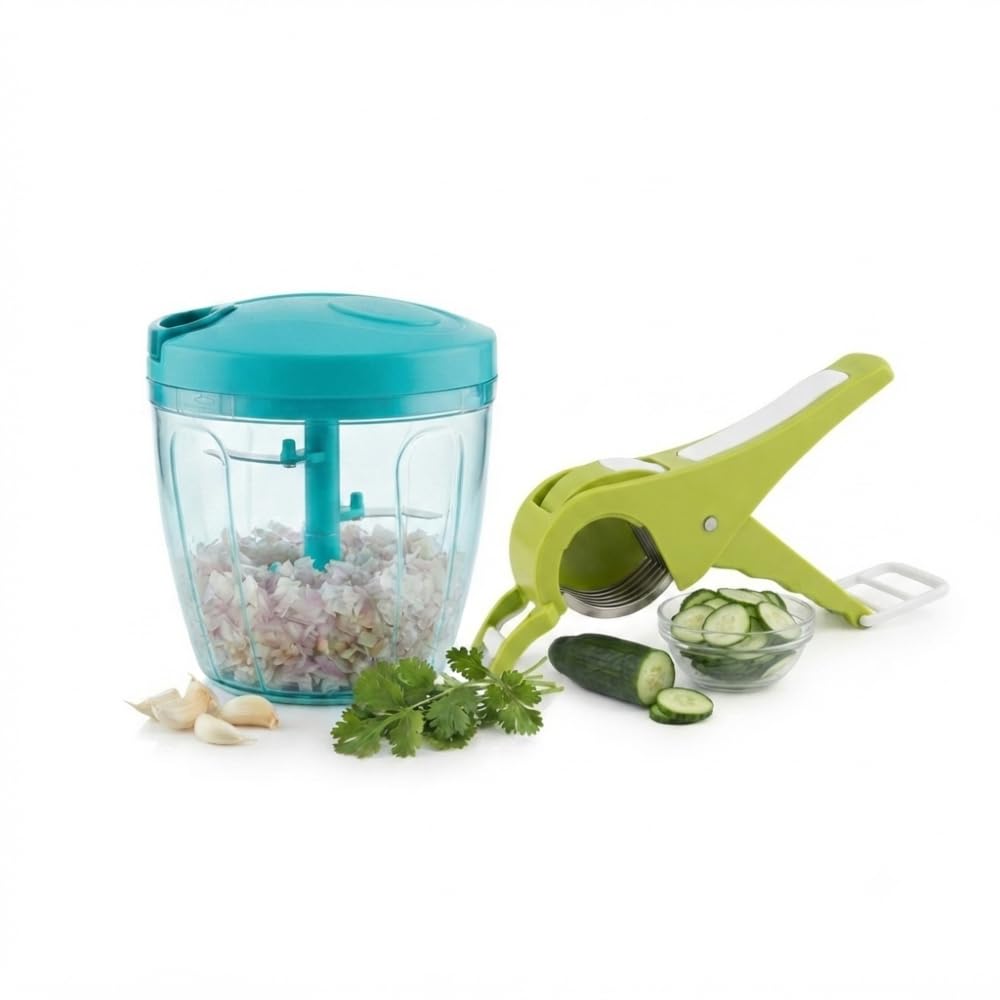 manual pull chopper 650ml with 2 in 1 fruit & vegetable cutter combo | portable food chopper with sharp stainless steel blades | vegetable cutter for kitchen | onion garlic ginger chopper | green