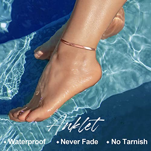 Image of FOCALOOK 14K Gold Plated Anklets for Women Waterproof Plus Size Ankle Bracelet 8.5-10.5 Inch Adjustable Mariner /Figaro /Flat Snake /Cuban Link Chain Anklet Jewelry for Summer Beach Holiday