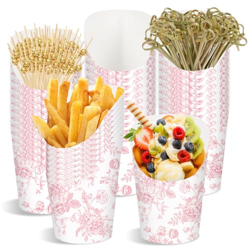 Whaline 50 Pcs Pink Floral Charcuterie Cups with 100 Sticks Bags 14 Oz Chinoiserie Flower Disposable Appetizer Cup French Fry Holder for Wedding Bridal Baby Shower Party Supply