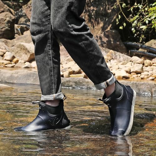 Image of Men's Deck Boots Waterproof Fishing Rain Boots, Anti-Slip Rubber Boots Ankle Booties, High-Performance Footwear Chelsea Boots for Gardening Boating Camping Sailing