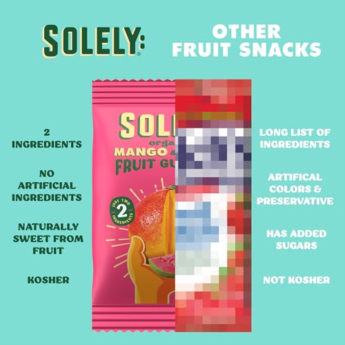 Image of SOLELY - Organic Mango & Guava Whole Fruit Gummies (Pack of 6 Boxes, 5 Bags per Box) - School Snacks - Healthy Snacks for Adults & Kids - Non GMO, Vegan Snacks, Shelf Stable - 30 Bags (3.5 oz)