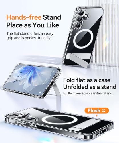 Image of CANSHN Strong Magnetic & Seamless Stand Designed for Samsung Galaxy S24 Case [Full Camera Protection] [Adjustable Kickstand] [Compatible with Magsafe], Crystal Clear