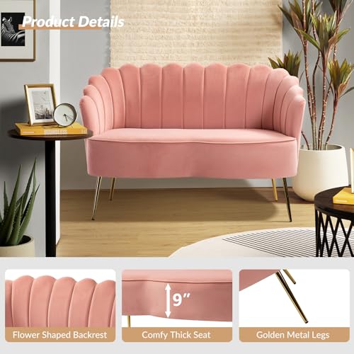 Image of HULALA HOME Velvet Loveseat Sofa with Gold Legs, Modern 2-Seater Sofa for Living Room Bedroom, Comfy Upholstered Small Love Seat Couch, Flower Shaped Back, Pink