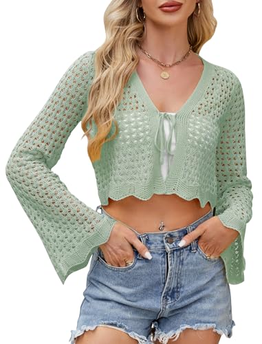 Image of Women's Soft Crochet Tie Front Cardigan Cropped Knit Bolero Shrug Summer Beach Cover Up Top