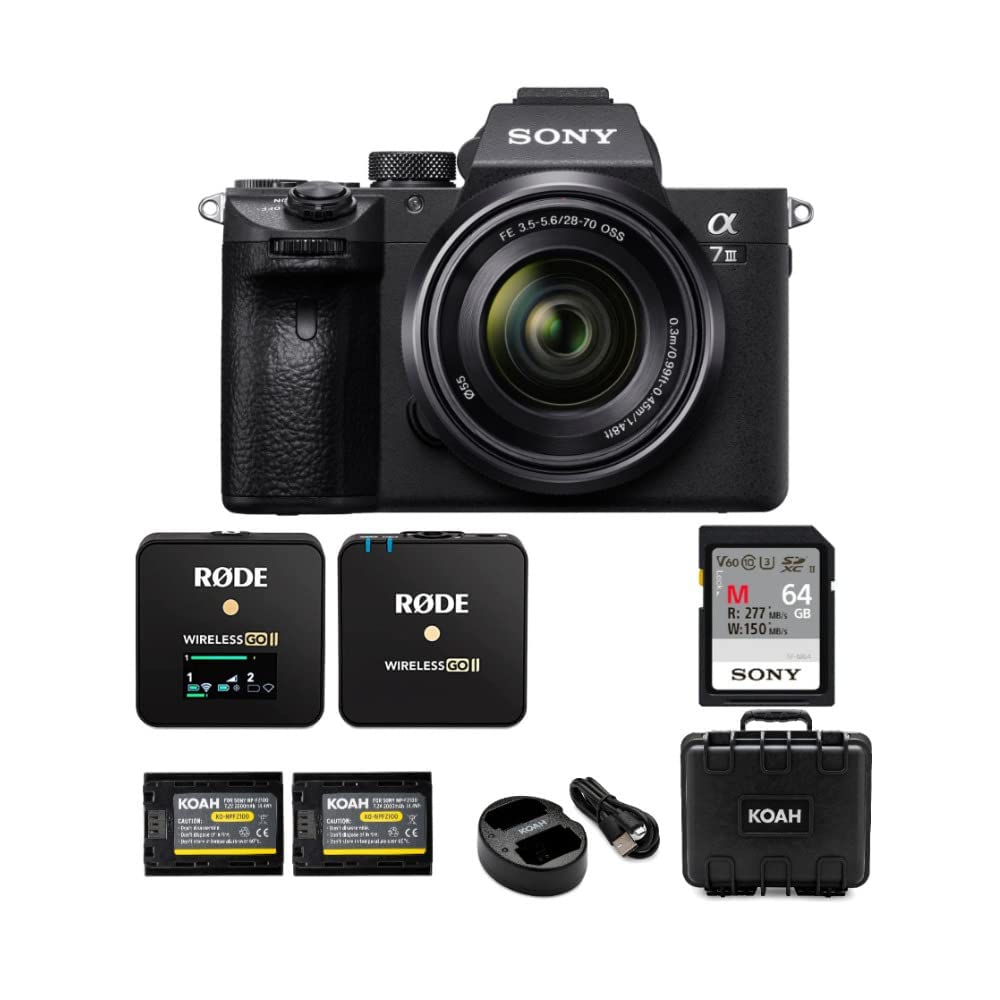 Sony Alpha a7 III Full Frame Mirrorless Camera with 28-70mm Lens with Single Set Microphone System, Memory Card, Rechargeable 2000mAh Battery (2-Pack) and Dual Charger, and Hard Case (5 Items)