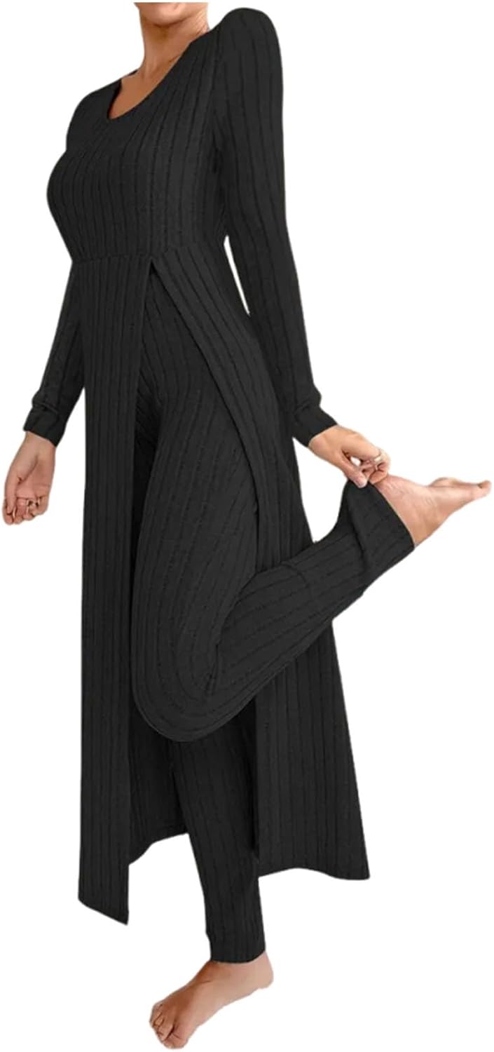 Womens Rib Knit Pajamas Lounge Sets Long Sleeve High Slit Sleep Dress and Long Pants Matching Sleepwear Loungewear