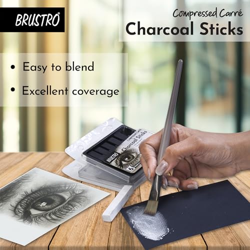Image of BRUSTRO Artist Compressed Carre Charcoal Sticks - Set of 6 (5 Black & 1 White Stick) | Ideal for Portrait Charcoal Art, Sketching, Shading, Blending, Drawing, Craft, Professional use.