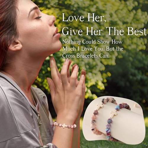 Image of Cross Bracelets for Women, Christian Gifts for Women Stocking Stuffers for Teens Cross Bracelet Imperial Nature Stone Bead Bracelet Confirmation Baptism Gift for Teen Girls Christmas Religious Gift Cathlic Faith Jewelry
