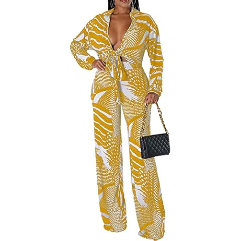 Aladeno Women 2 Piece Outfits Sets Long SLeeve Printed Tie Front Wide Leg Casual Tracksuit Outfit Sets Yellow XX-Large, Red, XXL Cover