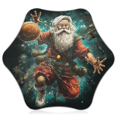 Baloncesto Verde Santa Claus Paraguas Plegable con Botón para Niños con Elementos Reflectantes de Seguridad Protección UV para Niños y Niñas