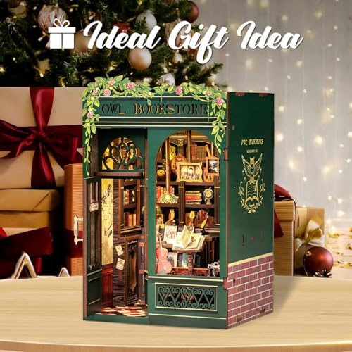 Image of Fsolis Book Nook Kit, DIY Miniature House Kit for Adults Tiny House Mini Bookshelf Diorama Building Kit 3D Wooden Puzzle for Adults Bookish Gifts for Women Book Lovers Readers (OWL Bookstore)