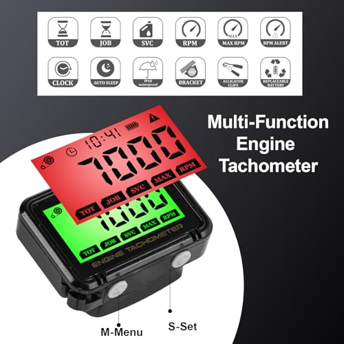 Universal Digital Drehzahlmesser, Präzises LCD Tachometer mit Drahtloser Induktion (0-18.000 U/min) für Motorrad, Rasenmäher, Schneemobil - Mit Akku-Überwachung, Nachtsicht & Wartungsfunktion