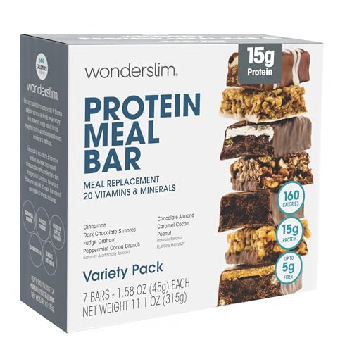 WonderSlim Meal Replacement Protein Bar Variety Pack 15g Protein 20 Vitamins & Minerals (7ct)