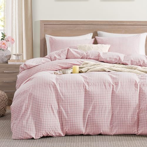 Image of Andency Pink Gingham Duvet Cover Twin, 100% Wash Cotton Linen Like Textured Breathable Comforter Cover Set, 2 Piece Blush Classic Yarn-Dyed Checkered Plaid Bedding Set for Dorm Kids Teens, 66 inch*90 inch
