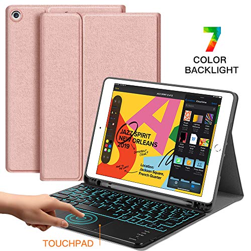 iPad 10.2 7th Generation Backlit-Keyboard Case 2019 - JUQITECH Smart Case with Touchpad Wireless Keyboard for iPad 7th Gen Magnetic Detachable Rechargeable Keyboard Cover with Pencil Holder, Rose Gold