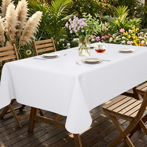 Image of Smiry Rectangle Table Cloth 60x84 Inch, Waterproof Wipeable Vinyl Tablecloths Protector, Oil Spill Proof Plastic Table Cover for Dining, Picnic, Camping, Outdoor, White
