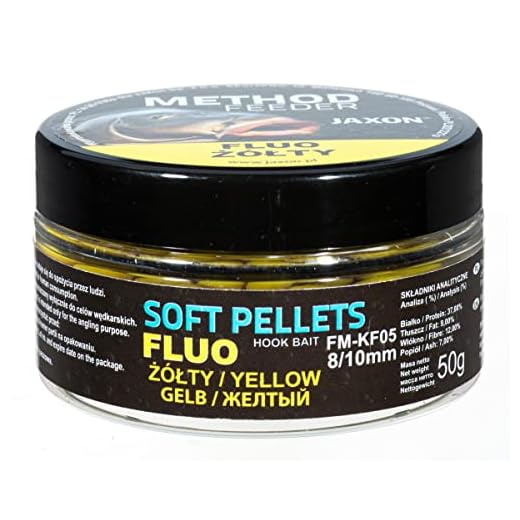 Jaxon Pellets suaves Fluo 8/10 mm, 50 g, para Method Feeder método pesca de carpas, alimento básico (amarillo/FM-KF05)