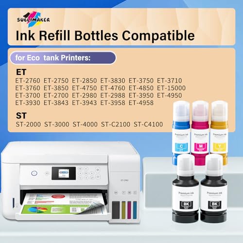 Image of Compatible for T502 Ink Refill Bottles for Eco Tank ET-4850 ET-2850 ET-3850 ET-3760 ET-2760 ET-4760 ET-15000 ET-3950 ET-3830 ET-2980 ET-2988 4750 ET-4950 ET4850 ET2850 Printer, T502 2 Black CMY