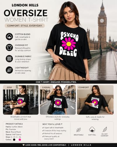 Image of London Hills Oversized Tshirt for Woman | t Shirt for Woman Oversized Fit Printed Round Neck | Tops for Woman's | Women t Shirt Loose Fit Drop Shoulder | t Shirts for Women | Western Tops