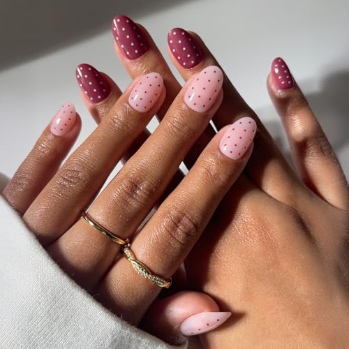 Glamnetic Press On Nails - Cute As Cherry Pie | Short Oval Fake Nails in Red & Pink with Polka Dot Design Glossy Finish Salon Quality | 15 Sizes - 30 Nail Kit with Glue